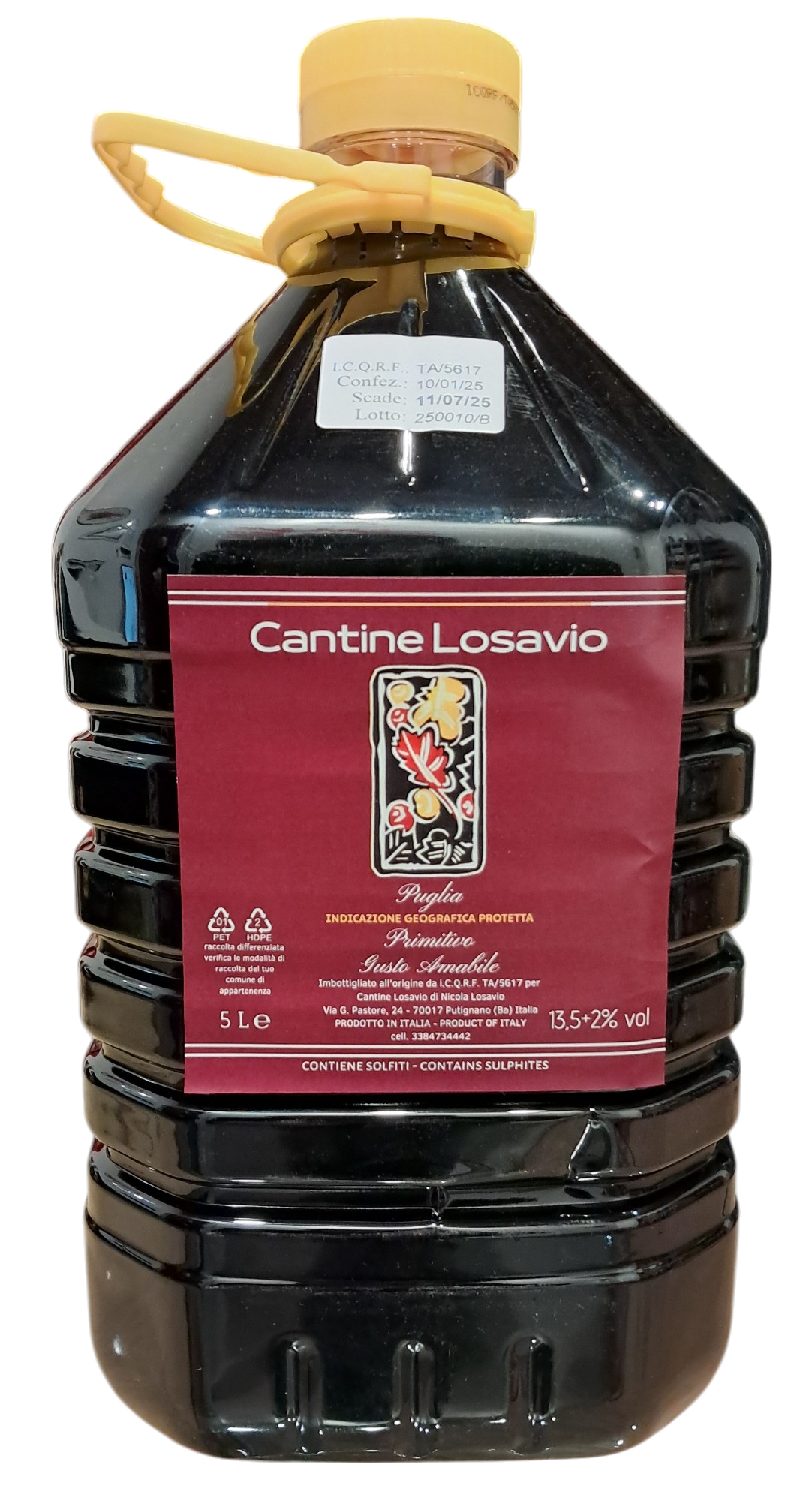 PET da 5 litri di primitivo amabile IGP Puglia